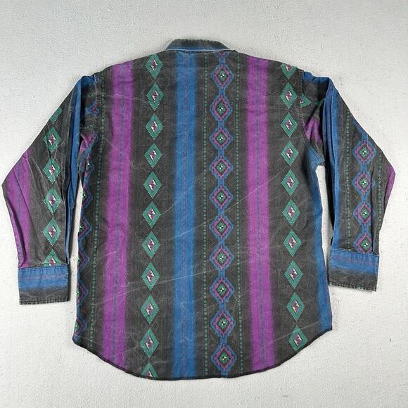 Vintage Wrangler Shirt Men’s Large Aztec Western Snap Brushpopper Rodeo Cowboy - Picture 15 of 16